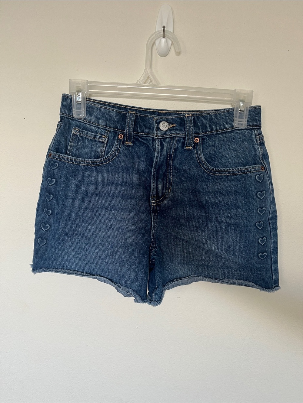 Dark Blue Denim Shorts with Heart Embroidery